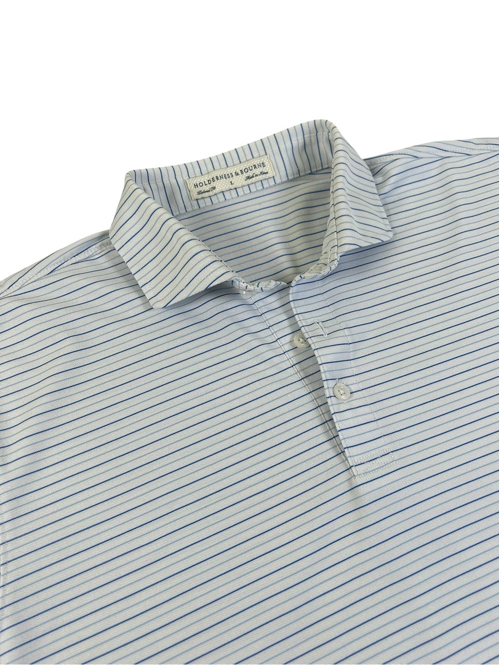 HOLDERNESS & BOURNE The Gibson Golf Polo White Blue Stripe Men’s L